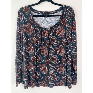 Talbots Womens Paisley‎ Print Long Sleeve Top 2X Black Stretchy Fall Lightweight
